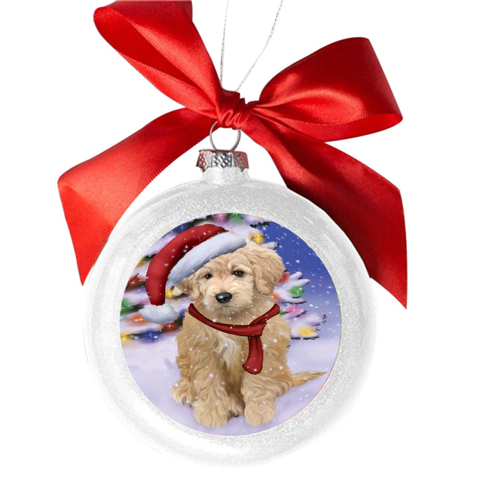 Winterland Wonderland Goldendoodle Dog In Christmas Holiday Scenic Background White Round Ball Christmas Ornament WBSOR49579