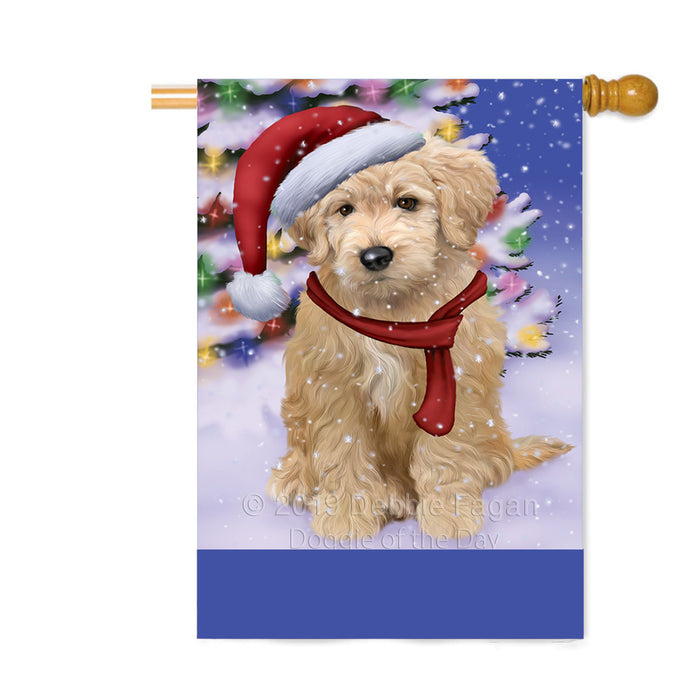 Personalized Winterland Wonderland Goldendoodle Dog In Christmas Holiday Scenic Background Custom House Flag FLG-DOTD-A61373