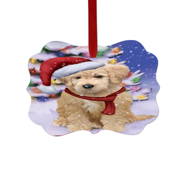 Winterland Wonderland Goldendoodle Dog In Christmas Holiday Scenic Background Double-Sided Photo Benelux Christmas Ornament LOR49579
