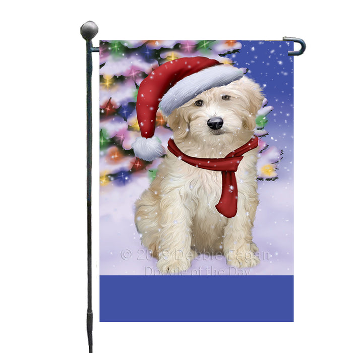 Personalized Winterland Wonderland Goldendoodle Dog In Christmas Holiday Scenic Background Custom Garden Flags GFLG-DOTD-A61318