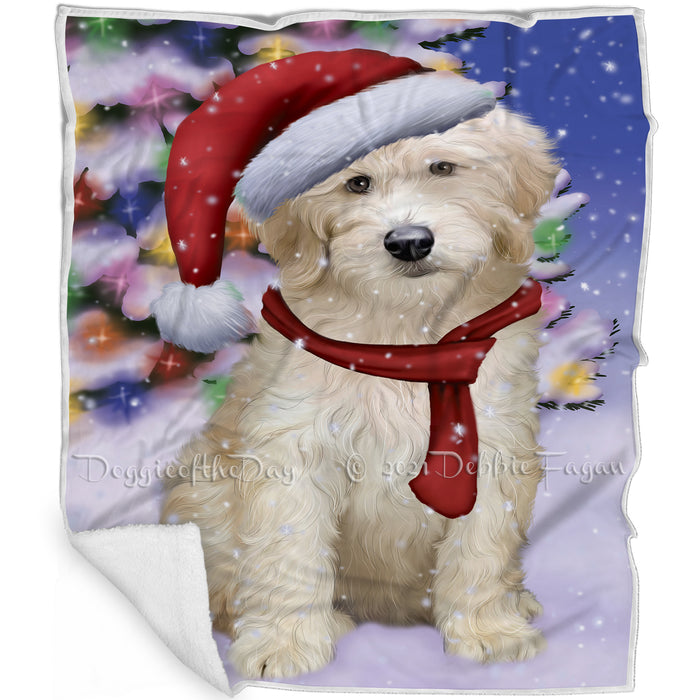 Winterland Wonderland Goldendoodle Dog In Christmas Holiday Scenic Background Blanket BLNKT101145
