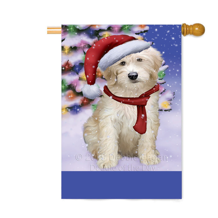 Personalized Winterland Wonderland Goldendoodle Dog In Christmas Holiday Scenic Background Custom House Flag FLG-DOTD-A61374