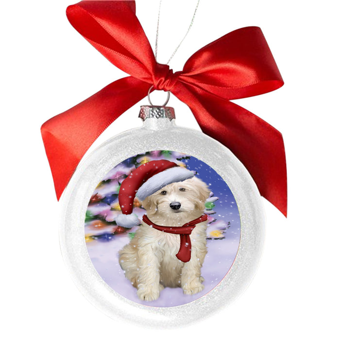Winterland Wonderland Goldendoodle Dog In Christmas Holiday Scenic Background White Round Ball Christmas Ornament WBSOR49580
