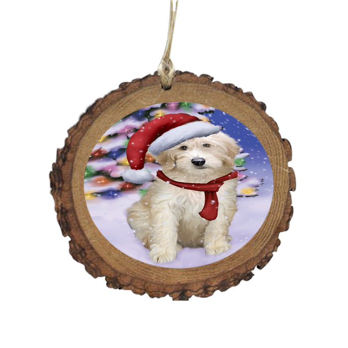 Winterland Wonderland Goldendoodle Dog In Christmas Holiday Scenic Background Wooden Christmas Ornament WOR49580