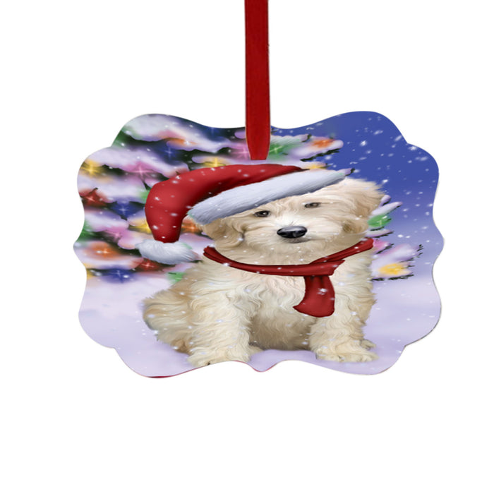 Winterland Wonderland Goldendoodle Dog In Christmas Holiday Scenic Background Double-Sided Photo Benelux Christmas Ornament LOR49580