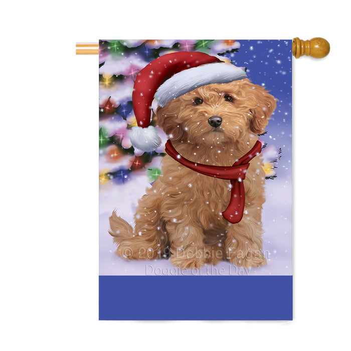 Personalized Winterland Wonderland Goldendoodle Dog In Christmas Holiday Scenic Background Custom House Flag FLG-DOTD-A61375