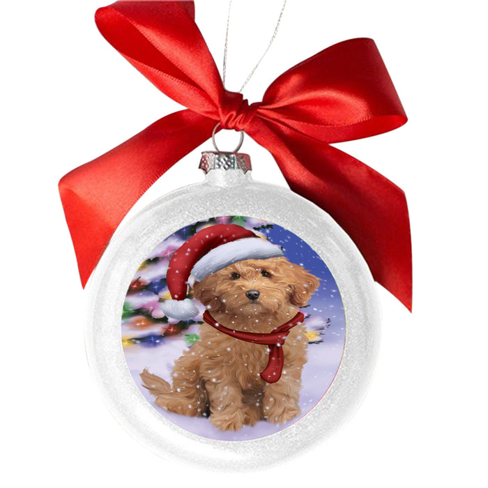 Winterland Wonderland Goldendoodle Dog In Christmas Holiday Scenic Background White Round Ball Christmas Ornament WBSOR49581