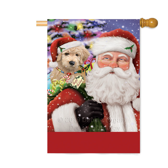 Personalized Santa Carrying Goldendoodle Dog and Christmas Presents Custom House Flag FLG-DOTD-A63469