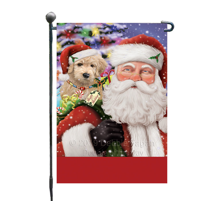 Personalized Santa Carrying Goldendoodle Dog and Christmas Presents Custom Garden Flag GFLG63778