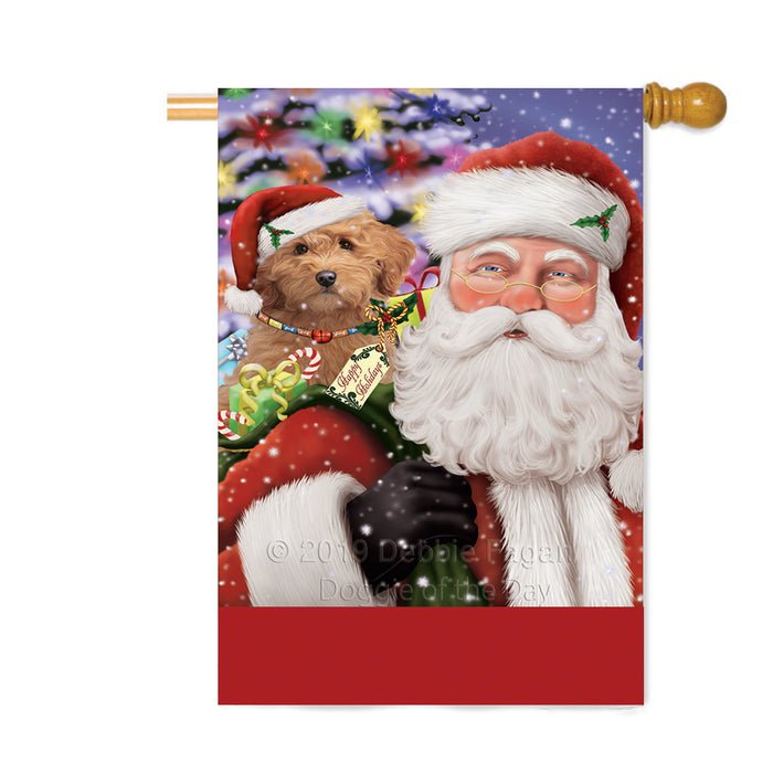 Personalized Santa Carrying Goldendoodle Dog and Christmas Presents Custom House Flag FLG-DOTD-A63470