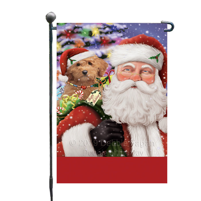 Personalized Santa Carrying Goldendoodle Dog and Christmas Presents Custom Garden Flag GFLG63779