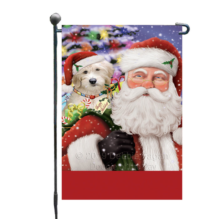 Personalized Santa Carrying Goldendoodle Dog and Christmas Presents Custom Garden Flag GFLG63780