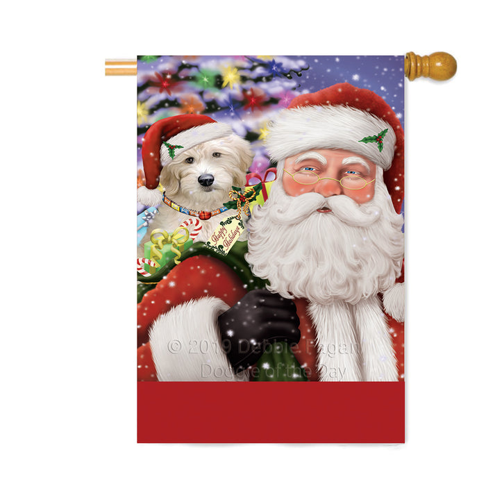 Personalized Santa Carrying Goldendoodle Dog and Christmas Presents Custom House Flag FLG-DOTD-A63471