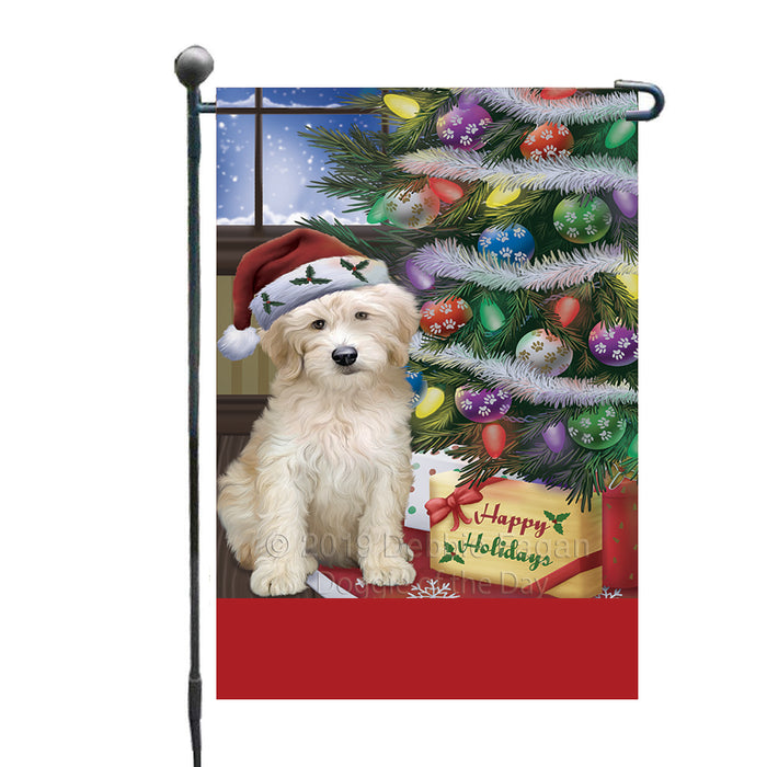 Personalized Christmas Happy Holidays Goldendoodle Dog with Tree and Presents Custom Garden Flags GFLG-DOTD-A58632