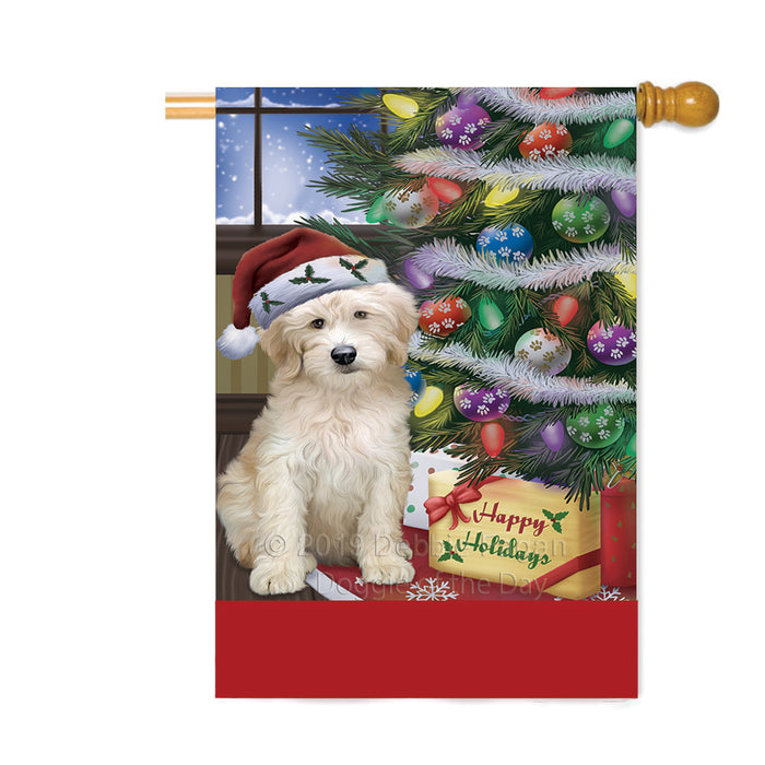 Personalized Christmas Happy Holidays Goldendoodle Dog with Tree and Presents Custom House Flag FLG-DOTD-A58688