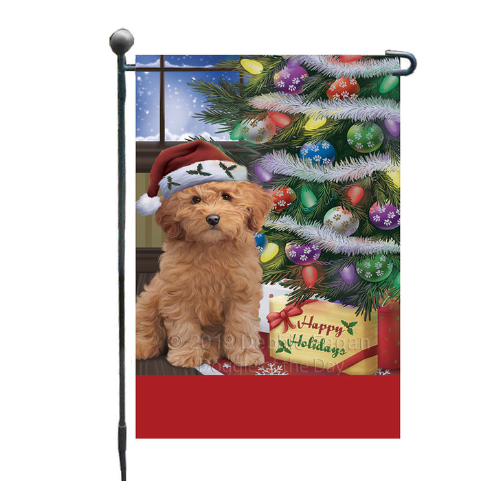 Personalized Christmas Happy Holidays Goldendoodle Dog with Tree and Presents Custom Garden Flags GFLG-DOTD-A58633