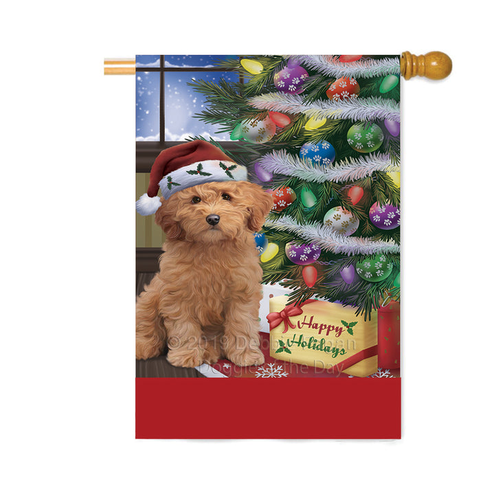 Personalized Christmas Happy Holidays Goldendoodle Dog with Tree and Presents Custom House Flag FLG-DOTD-A58689