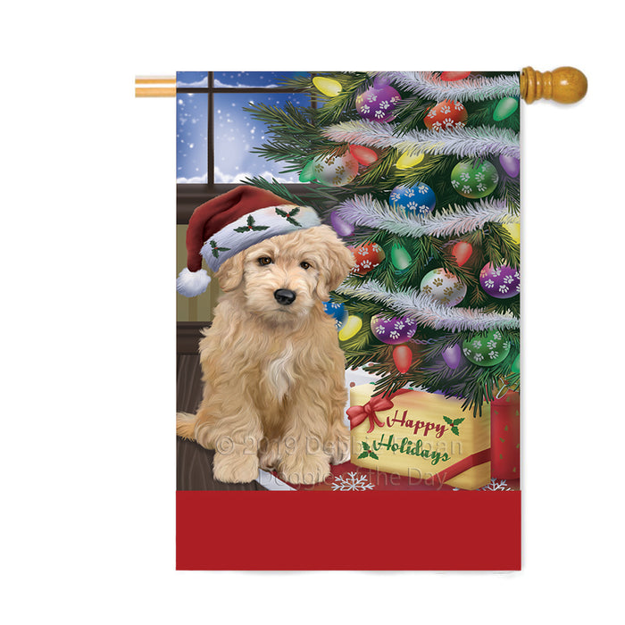 Personalized Christmas Happy Holidays Goldendoodle Dog with Tree and Presents Custom House Flag FLG-DOTD-A58690
