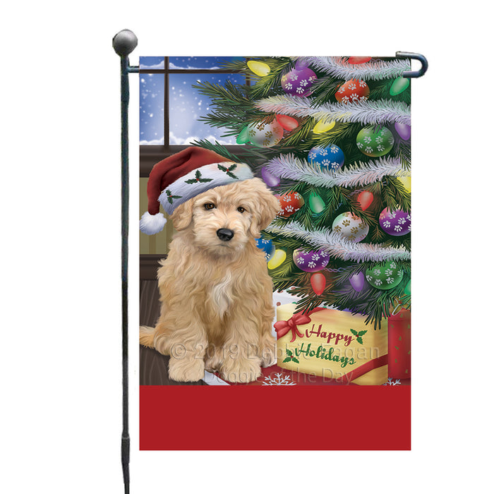 Personalized Christmas Happy Holidays Goldendoodle Dog with Tree and Presents Custom Garden Flags GFLG-DOTD-A58634