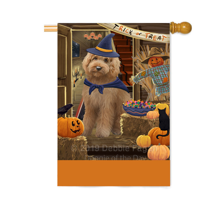 Personalized Enter at Own Risk Trick or Treat Halloween Goldendoodle Dog Custom House Flag FLG-DOTD-A59647