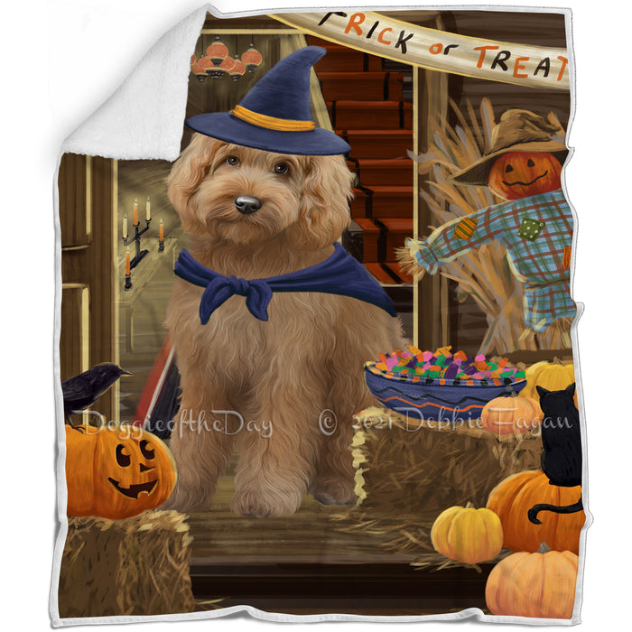 Enter at Own Risk Trick or Treat Halloween Goldendoodle Dog Blanket BLNKT95547