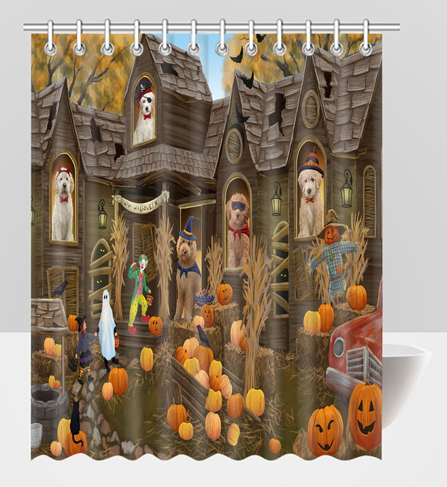 Haunted House Halloween Trick or Treat Goldendoodle Dogs Shower Curtain