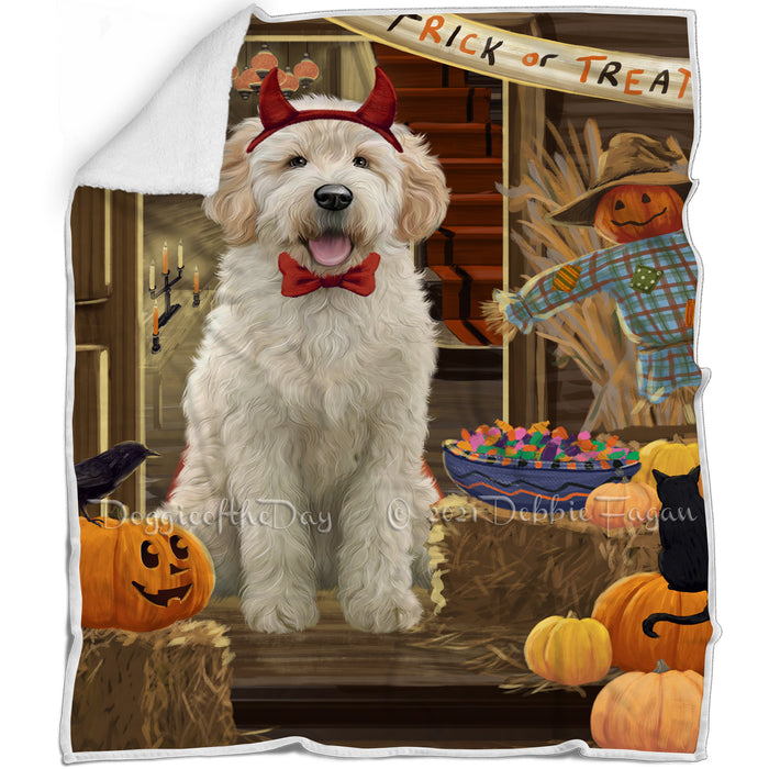 Enter at Own Risk Trick or Treat Halloween Goldendoodle Dog Blanket BLNKT95574