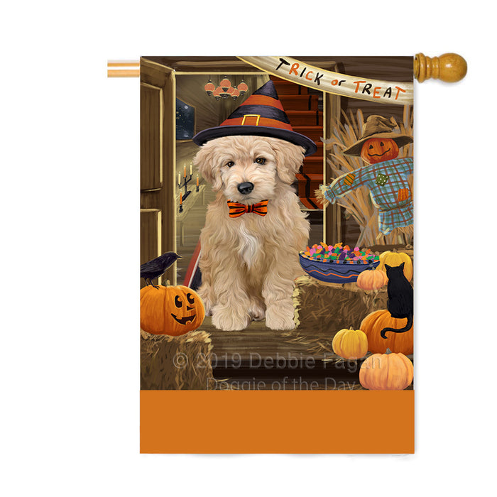 Personalized Enter at Own Risk Trick or Treat Halloween Goldendoodle Dog Custom House Flag FLG-DOTD-A59651