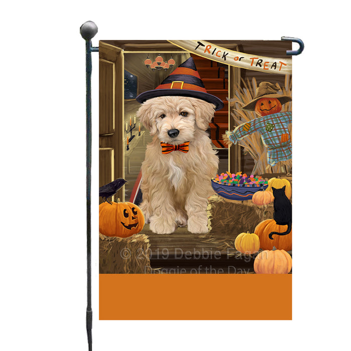 Personalized Enter at Own Risk Trick or Treat Halloween Goldendoodle Dog Custom Garden Flags GFLG-DOTD-A59595