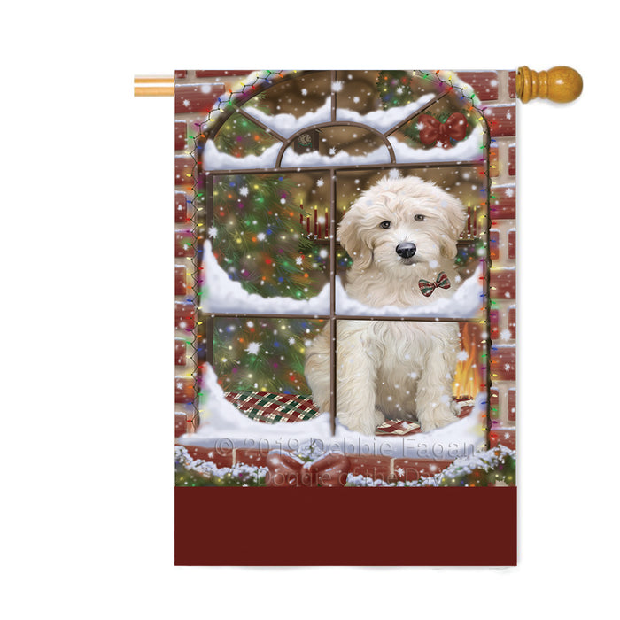 Personalized Please Come Home For Christmas Goldendoodle Dog Sitting In Window Custom House Flag FLG-DOTD-A60220