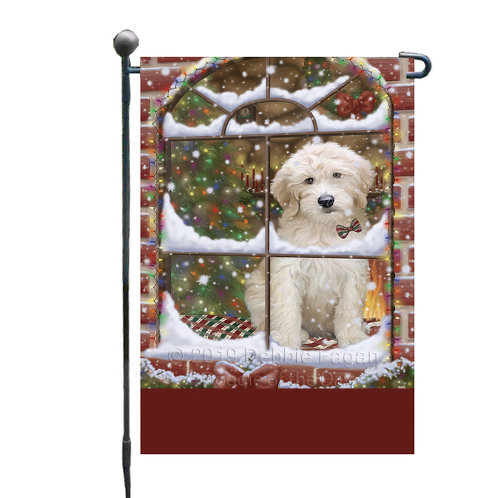 Personalized Please Come Home For Christmas Goldendoodle Dog Sitting In Window Custom Garden Flags GFLG-DOTD-A60164
