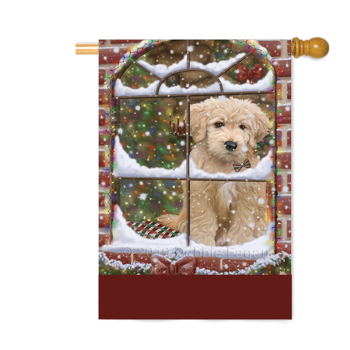 Personalized Please Come Home For Christmas Goldendoodle Dog Sitting In Window Custom House Flag FLG-DOTD-A60221
