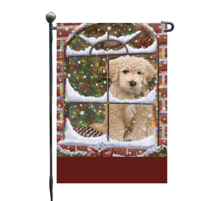 Personalized Please Come Home For Christmas Goldendoodle Dog Sitting In Window Custom Garden Flags GFLG-DOTD-A60165