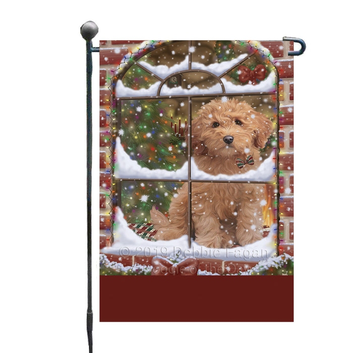 Personalized Please Come Home For Christmas Goldendoodle Dog Sitting In Window Custom Garden Flags GFLG-DOTD-A60166