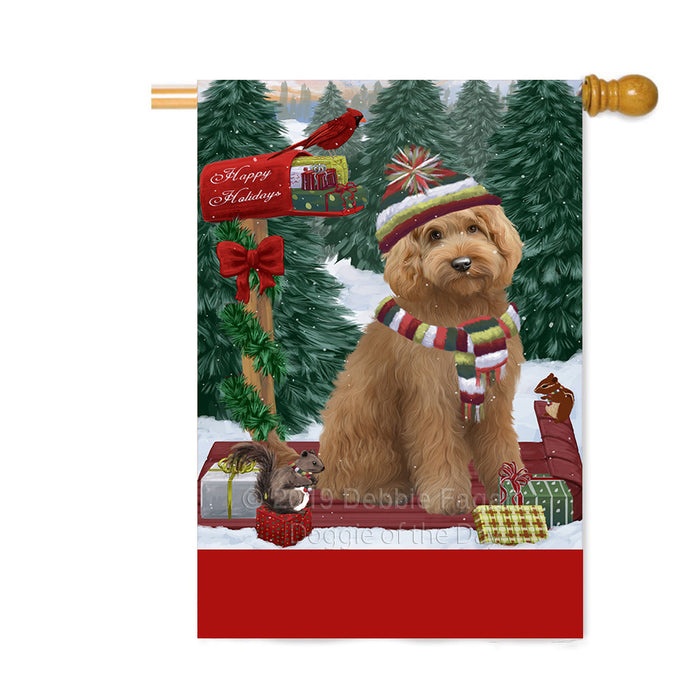 Personalized Merry Christmas Woodland Sled Goldendoodle Dog Custom House Flag FLG-DOTD-A61647