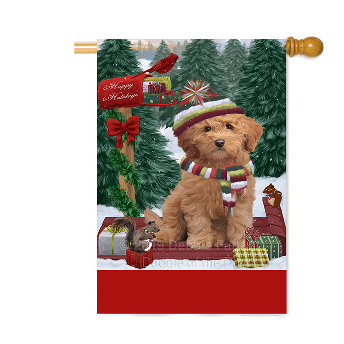 Personalized Merry Christmas Woodland Sled Goldendoodle Dog Custom House Flag FLG-DOTD-A61650
