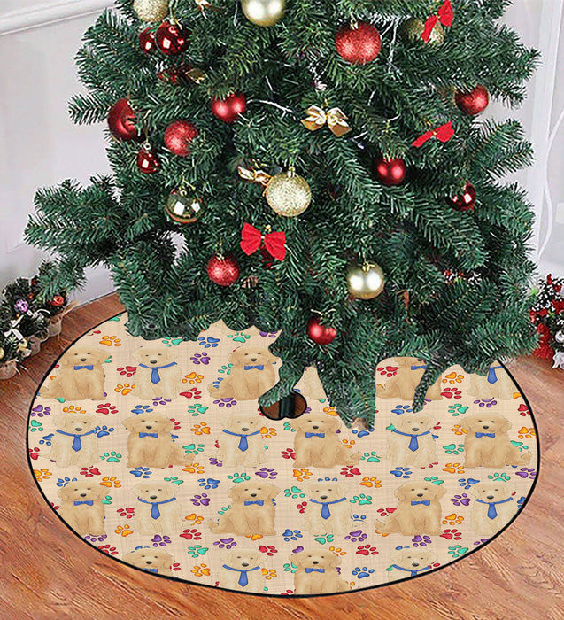 Rainbow Paw Print Goldendoodle Dogs Blue Christmas Tree Skirt