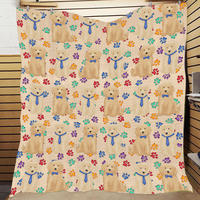 Rainbow Paw Print Goldendoodle Dogs Blue Quilt