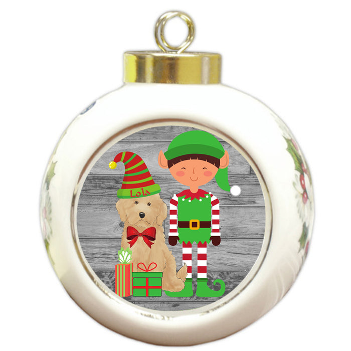 Custom Personalized Goldendoodle Dog Elfie and Presents Christmas Round Ball Ornament
