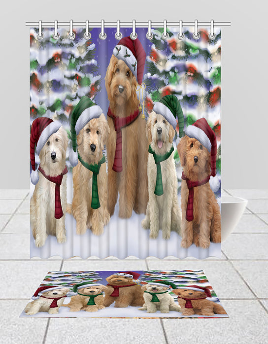 Goldendoodle Dogs Christmas Family Portrait in Holiday Scenic Background  Bath Mat and Shower Curtain Combo
