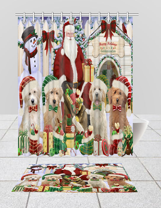 Happy Holidays Christmas Goldendoodle Dogs House Gathering Bath Mat and Shower Curtain Combo