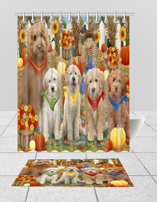 Fall Festive Harvest Time Gathering Goldendoodle Dogs Bath Mat and Shower Curtain Combo