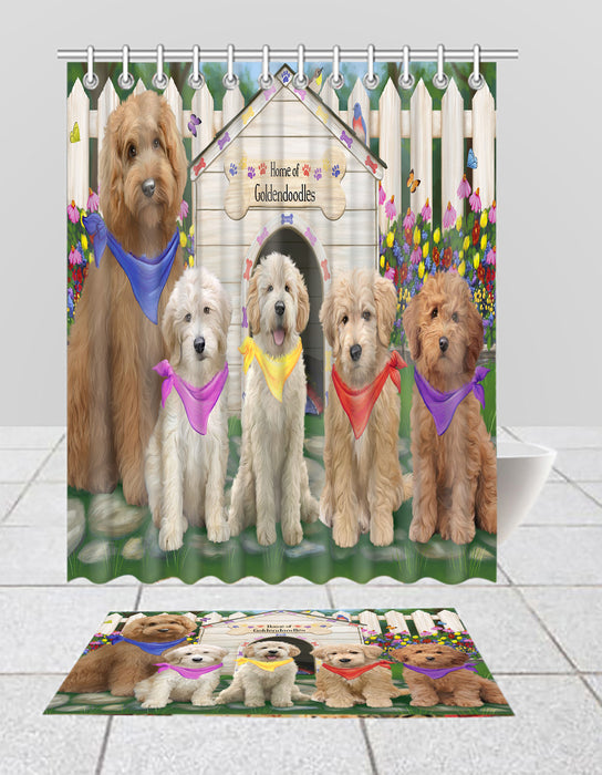 Spring Dog House Goldendoodle Dogs Bath Mat and Shower Curtain Combo