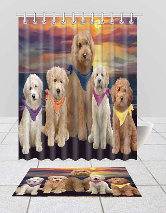 Family Sunset Portrait Goldendoodle Dogs Bath Mat and Shower Curtain Combo