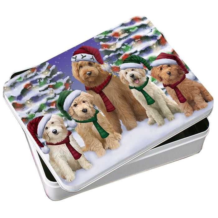 Goldendoodles Dog Christmas Family Portrait in Holiday Scenic Background Photo Storage Tin PITN52712