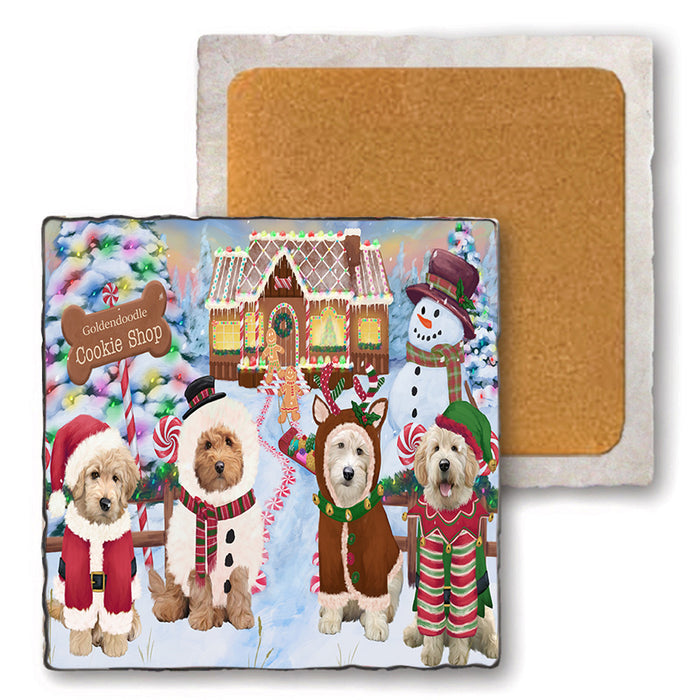 Holiday Gingerbread Cookie Shop Goldendoodles Dog Set of 4 Natural Stone Marble Tile Coasters MCST51402