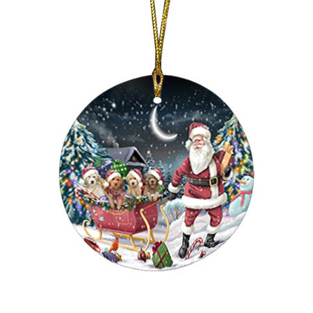 Santa Sled Dogs Christmas Happy Holidays Goldendoodles Dog Round Flat Christmas Ornament RFPOR51710