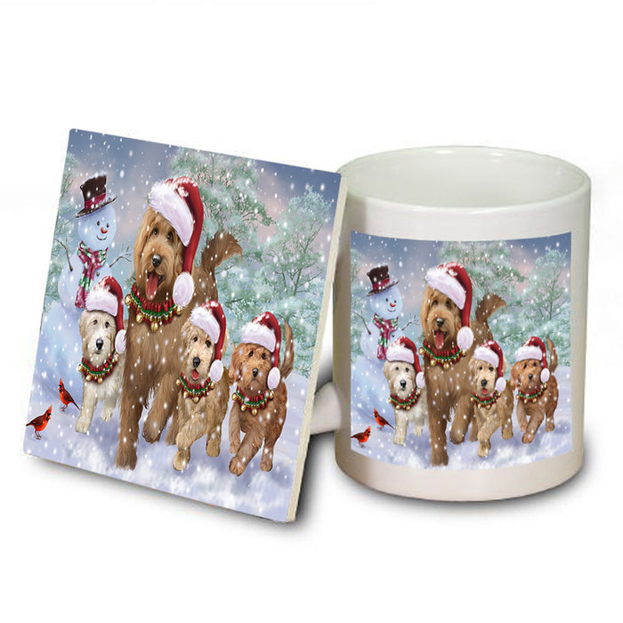 Christmas Running Family Dogs Goldendoodles Dog Mug and Coaster Set MUC54215