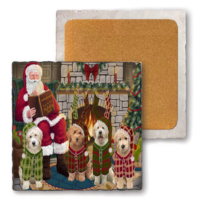 Christmas Cozy Holiday Tails Goldendoodles Dog Set of 4 Natural Stone Marble Tile Coasters MCST50127