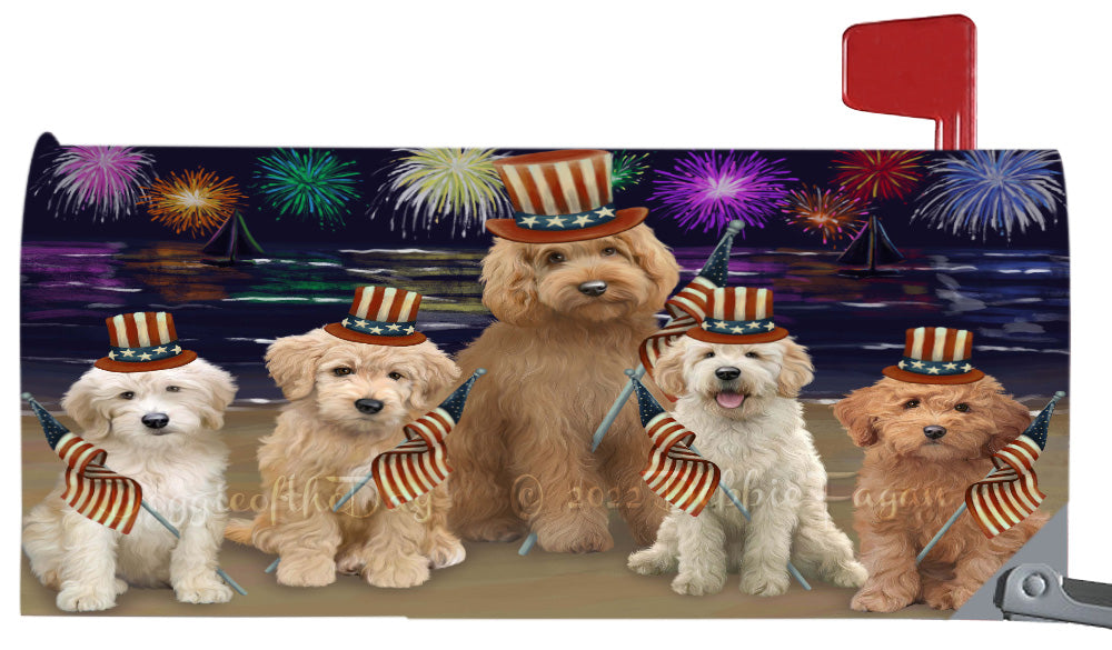 4th of July Independence Day Goldendoodle Dogs Magnetic Mailbox Cover Both Sides Pet Theme Printed Decorative Letter Box Wrap Case Postbox Thick Magnetic Vinyl Material